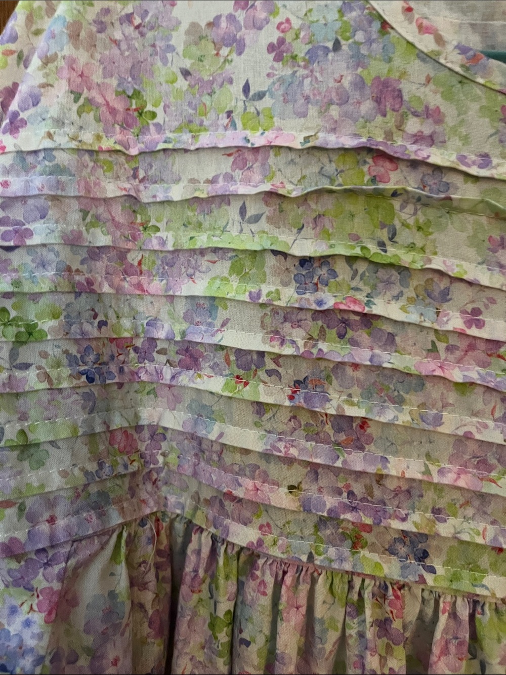 Easel Lavender-Pink-Green Floral Puff-Sleeve Top w/Applique Flowers & Pintucks - Picture 5 of 9